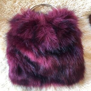 Burgundy & Black Faux Fur Bag with gold metal rings 11”x11”